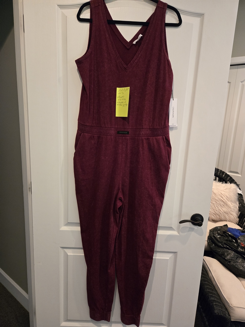 Calvin Klein Sleeveless V-Neck Wine Jumpsuit with Pockets